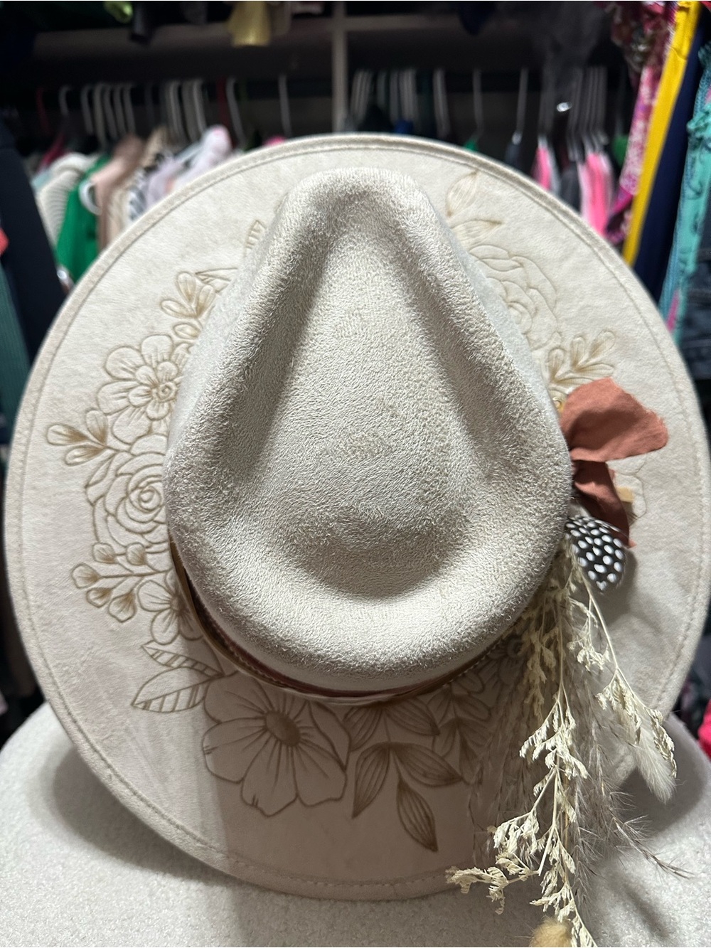 Brand New! Never worn Women's Cream Floral Hand Burnt Fedora Hat w/ Feather Trim